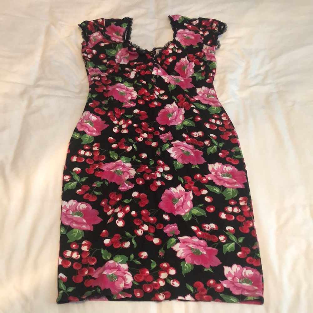 Stretchy Pin Up Wiggle Dress - Floral Cherry Print